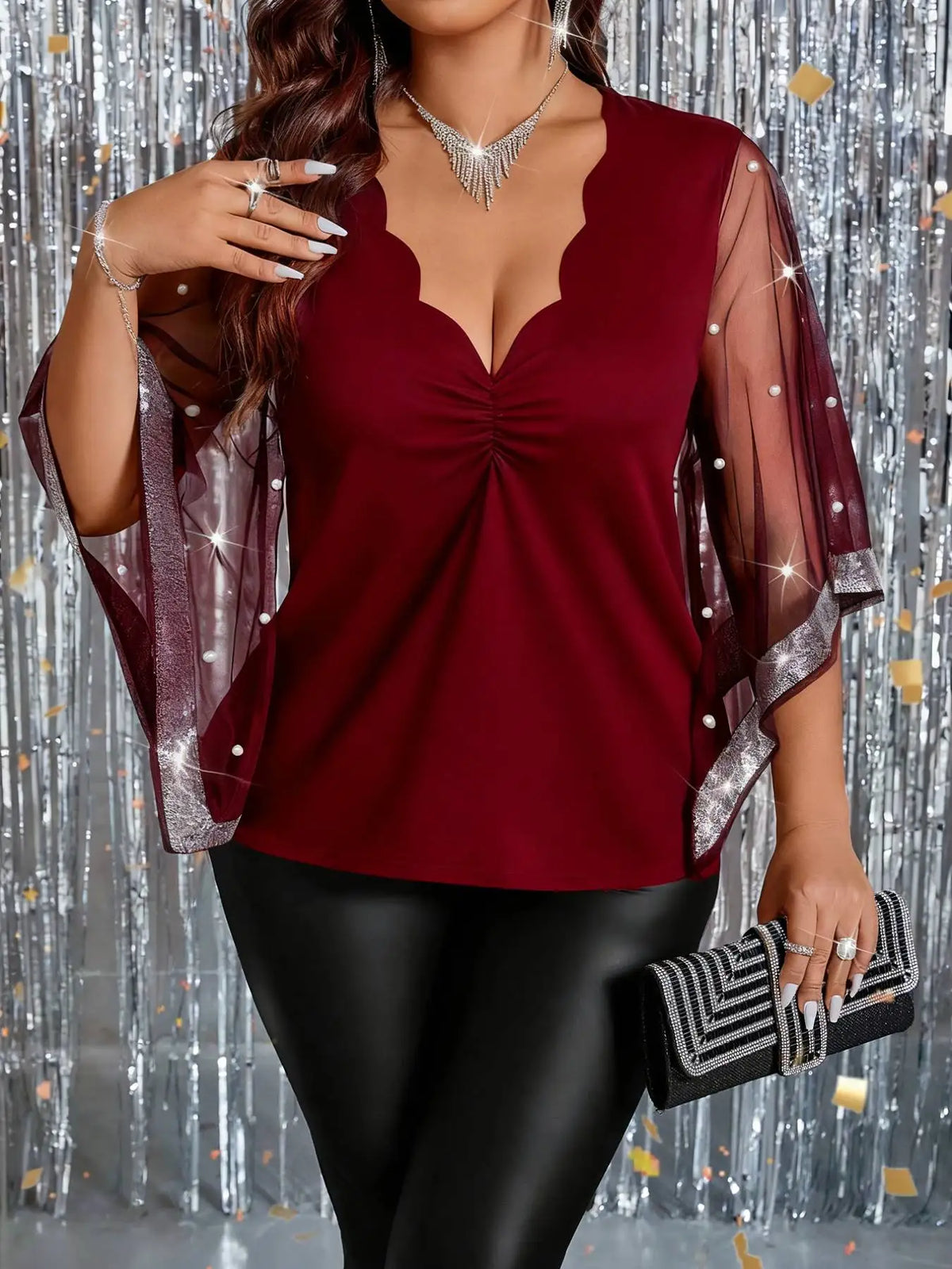 Scallop V Neck Mesh Bell Sleeve Pearl Beaded Party Blouse