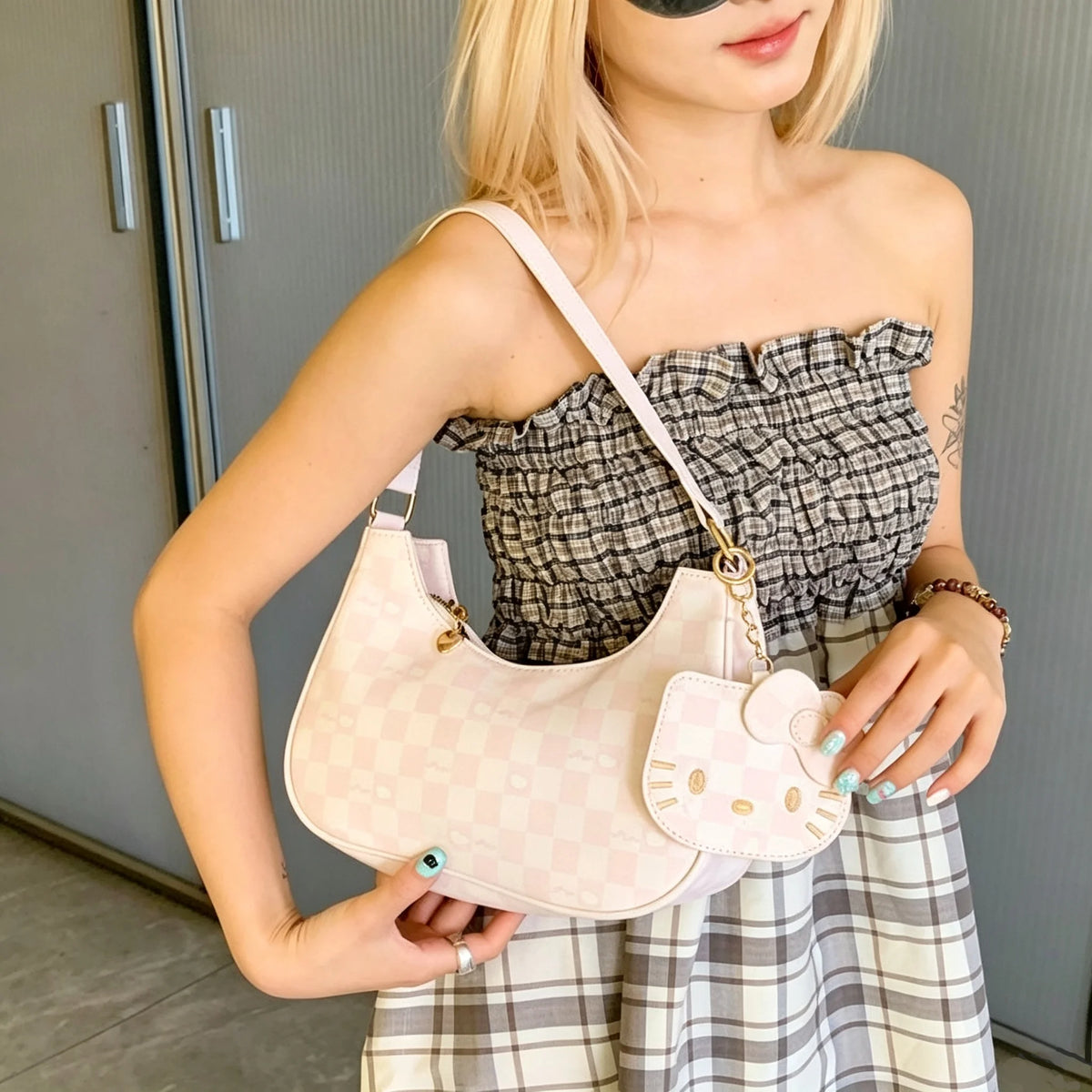 Mesuca Checkerboard PU Leather Shoulder Bag With Cartoon Pendant
