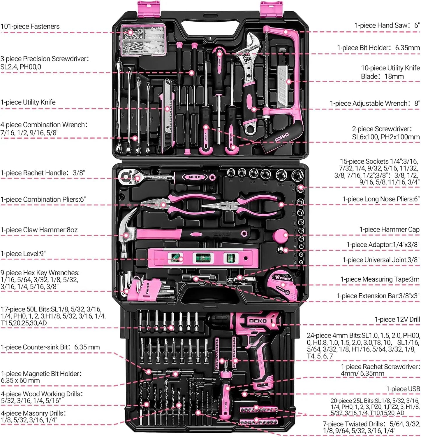 DeKo 12V Cordless Drill Home Mechanic Toolbox Set