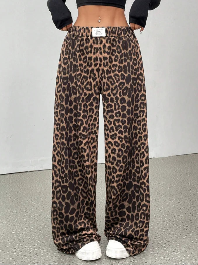 Women Leopard Print High Waist Wide Leg Casual Palazzo Pants