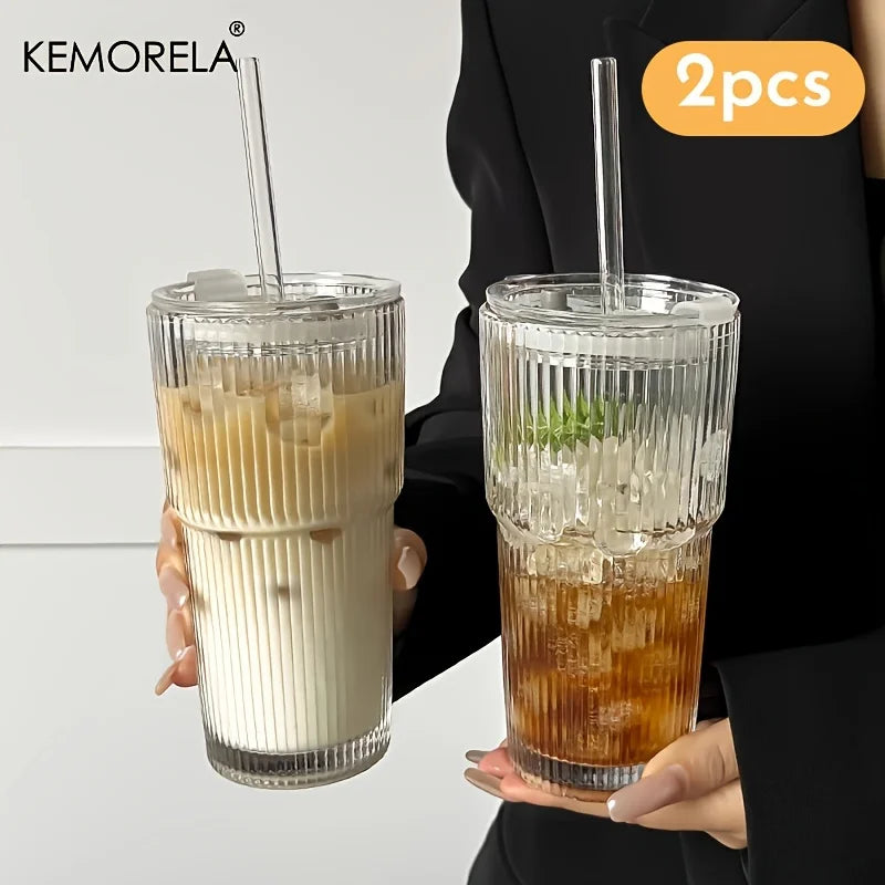 KEMORELA Striped Glass Coffee Cup With Lid For Iced Drinks