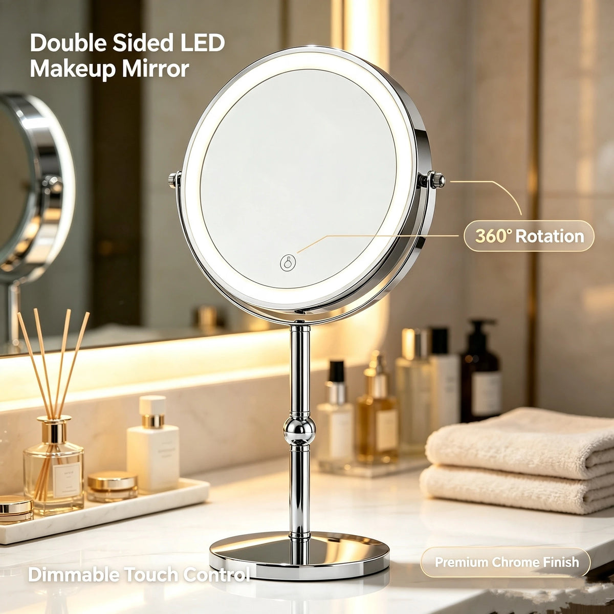 Touch LED Double Sided Magnifying Vanity Mirror With 10X Magnification