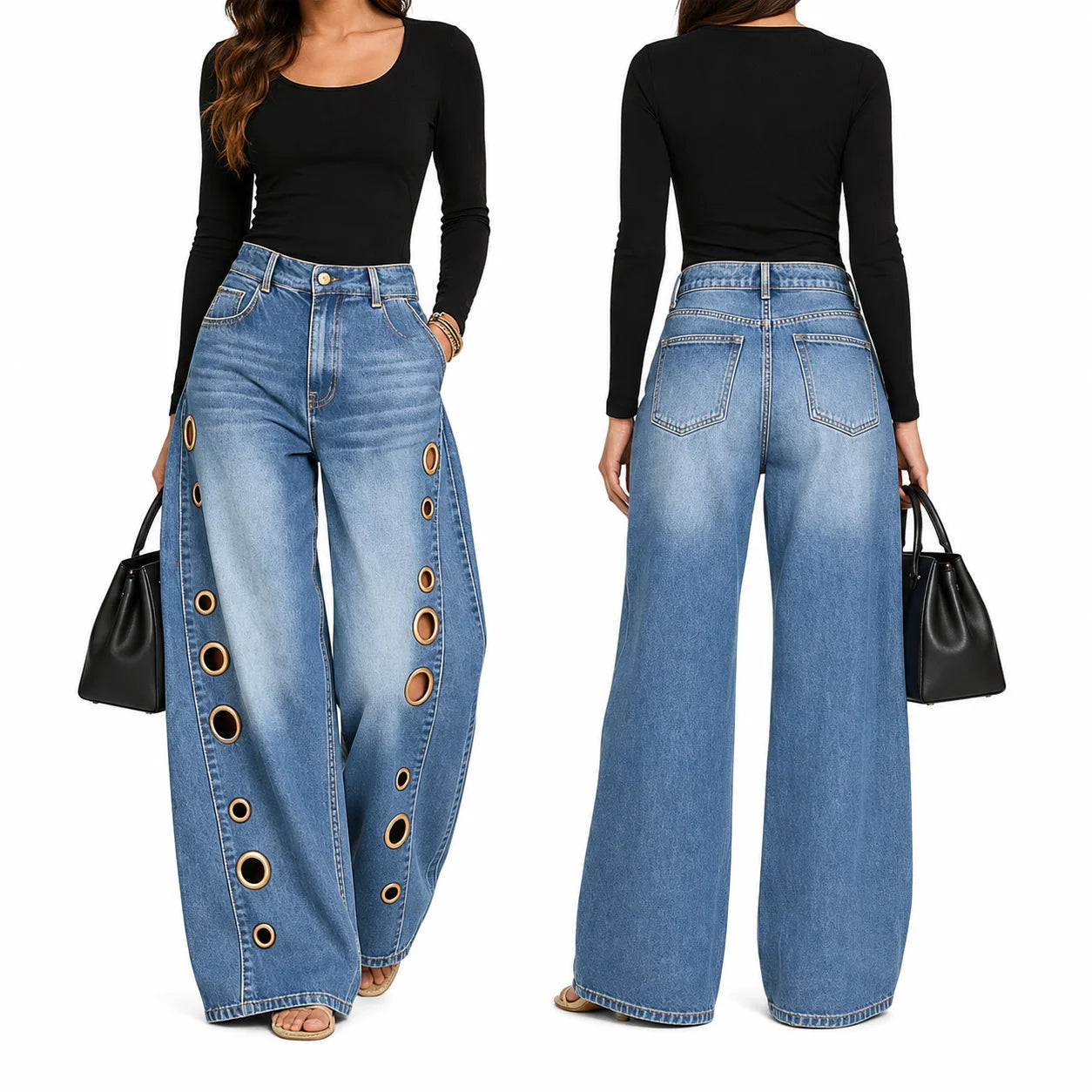 Women High Waist Wide Leg Denim Jeans With Side Eyelet Cutouts