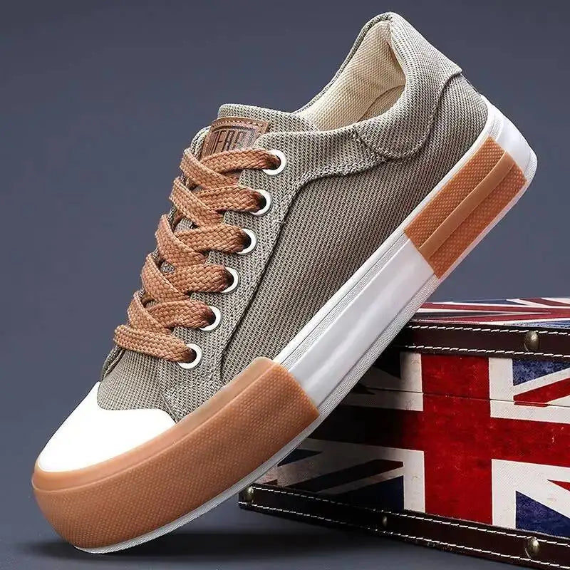 Mens Breathable Leather Canvas Lace Up Vulcanized Sneakers