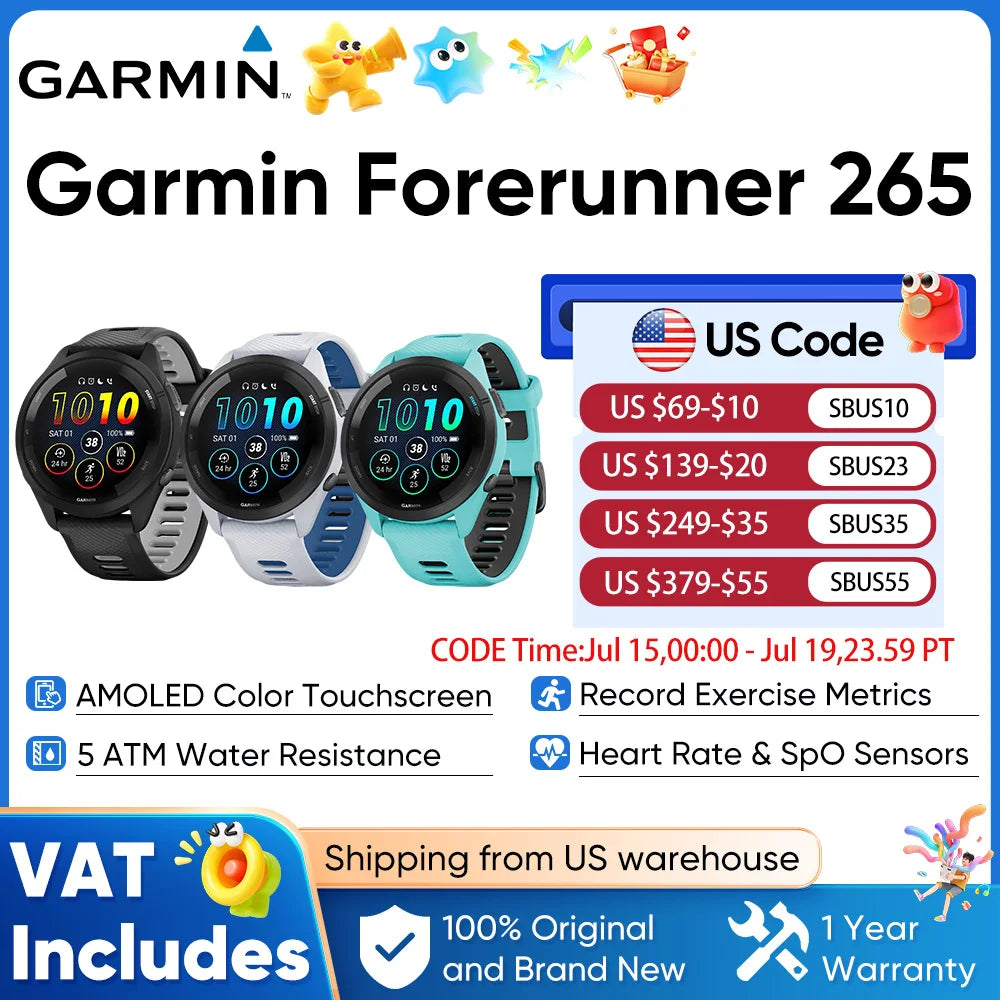 Garmin Forerunner 265 GPS Smartwatch Featuring Amoled Screen And Trackers