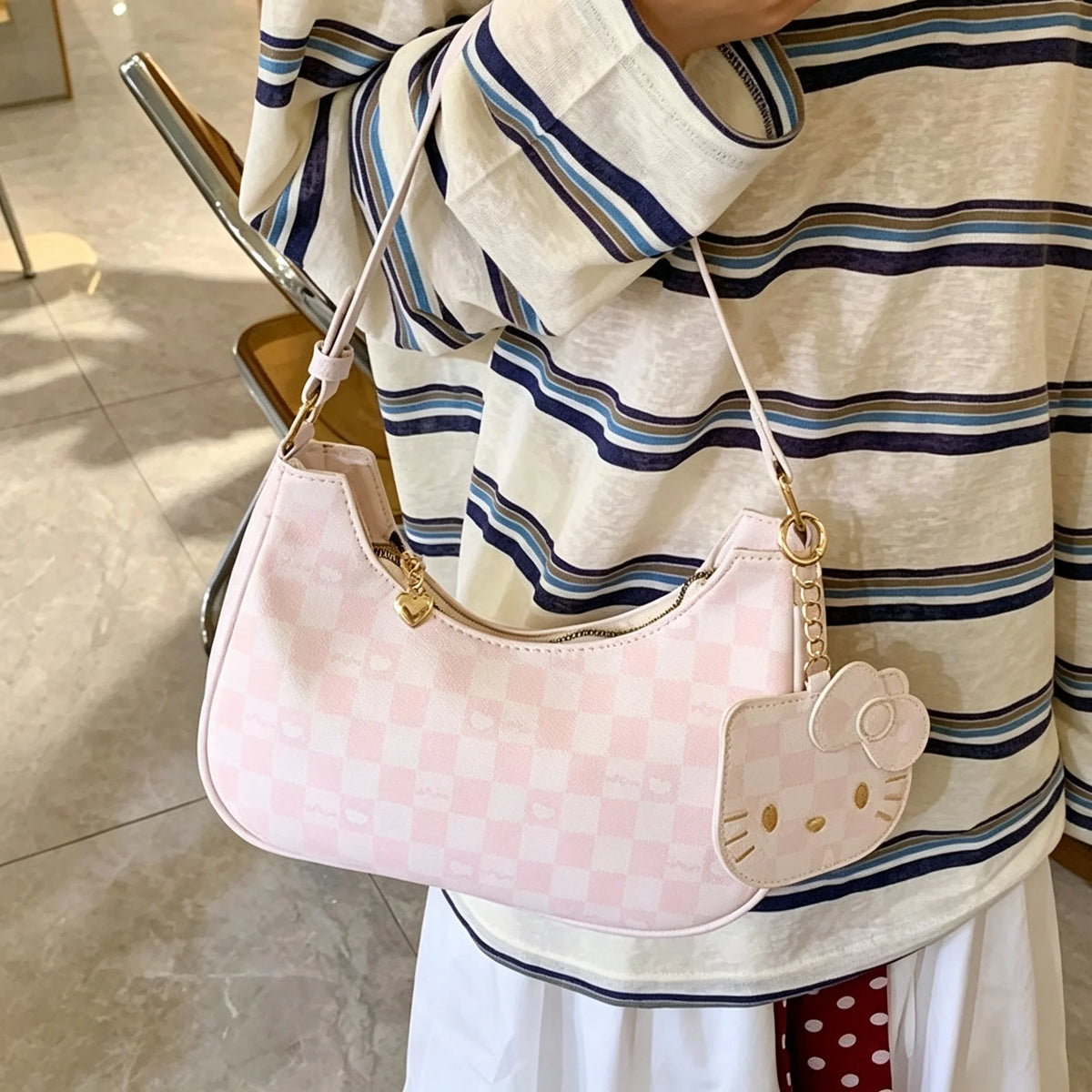 Mesuca Checkerboard PU Leather Shoulder Bag With Cartoon Pendant