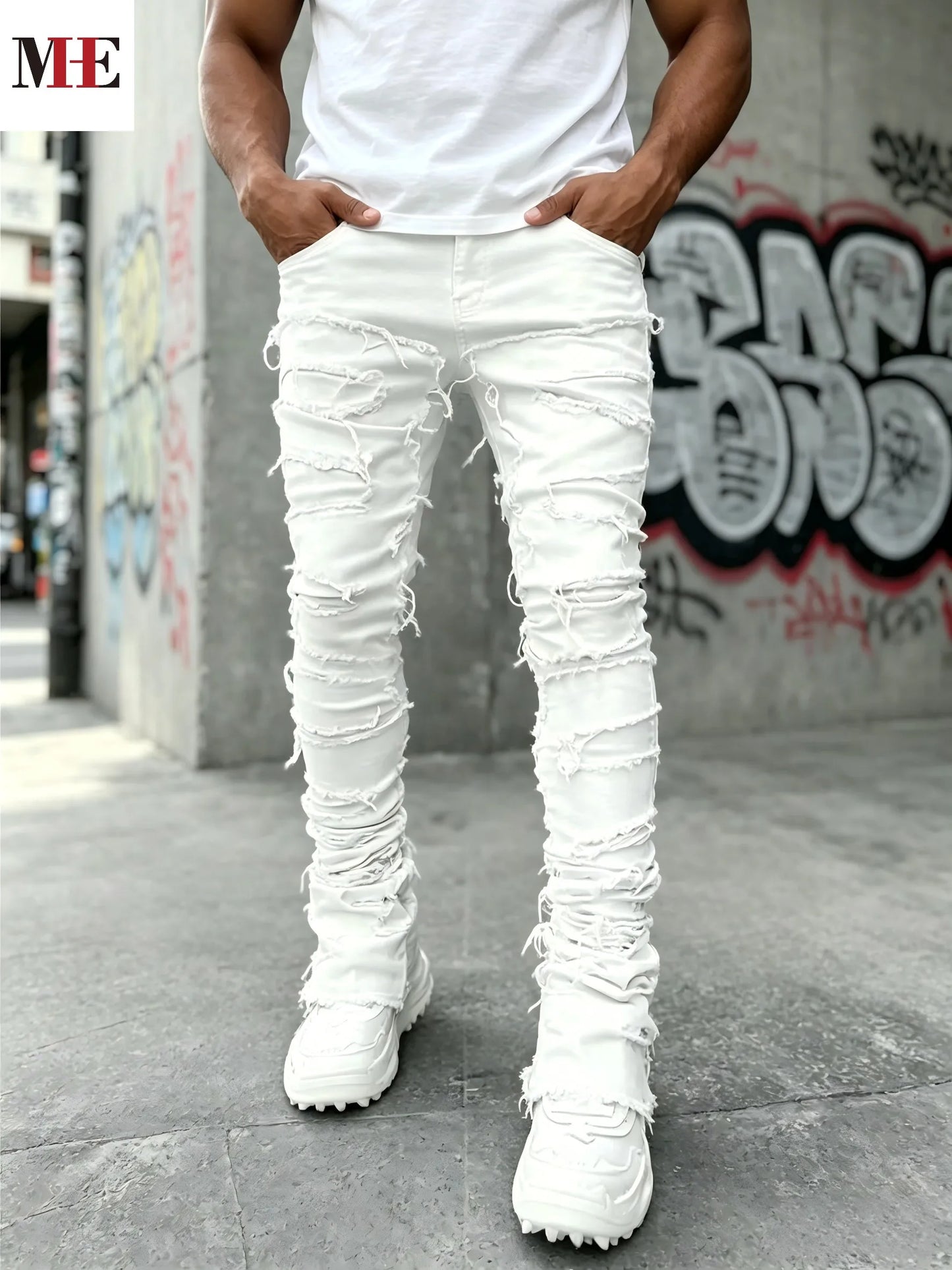 HME Mens Slim Flared Denim Jeans With Ripped Frayed Details