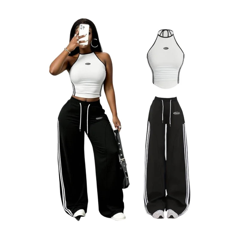Women Striped Knit Halter Crop Top And Wide Leg Pants