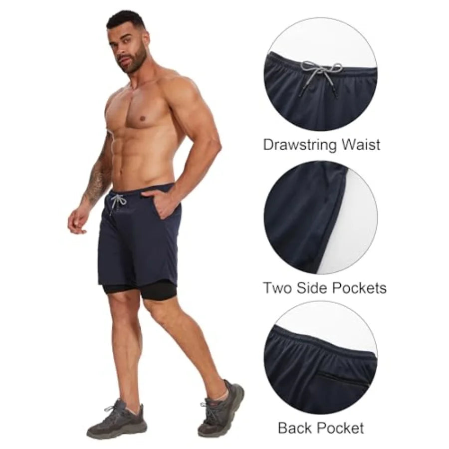 Kinglaman Men's 2 In 1 Athletic Running Shorts With Pockets