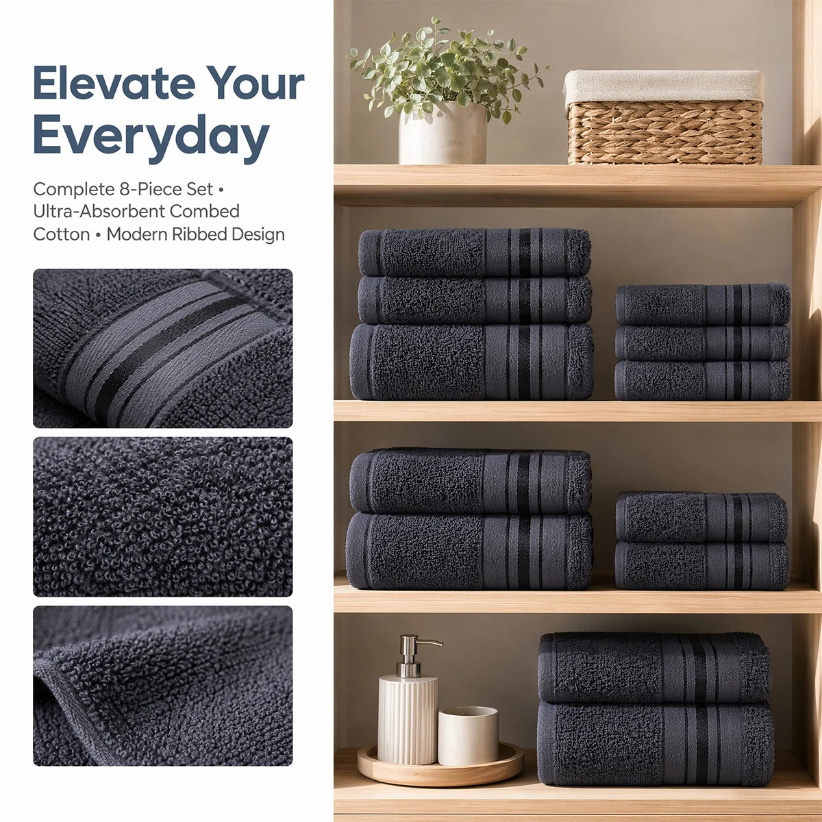 Luxury Eight Piece Cotton Towel Set For Bathroom Everyday Use