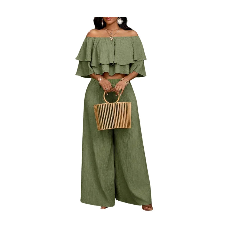 Women's Off Shoulder Ruffle Crop Top With Wide Leg Pants