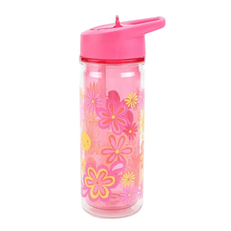 Flower Double Wall Insulated Reusable Plastic Water Bottle With Straw