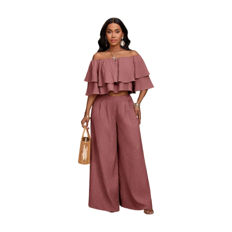 Women's Off Shoulder Ruffle Crop Top With Wide Leg Pants