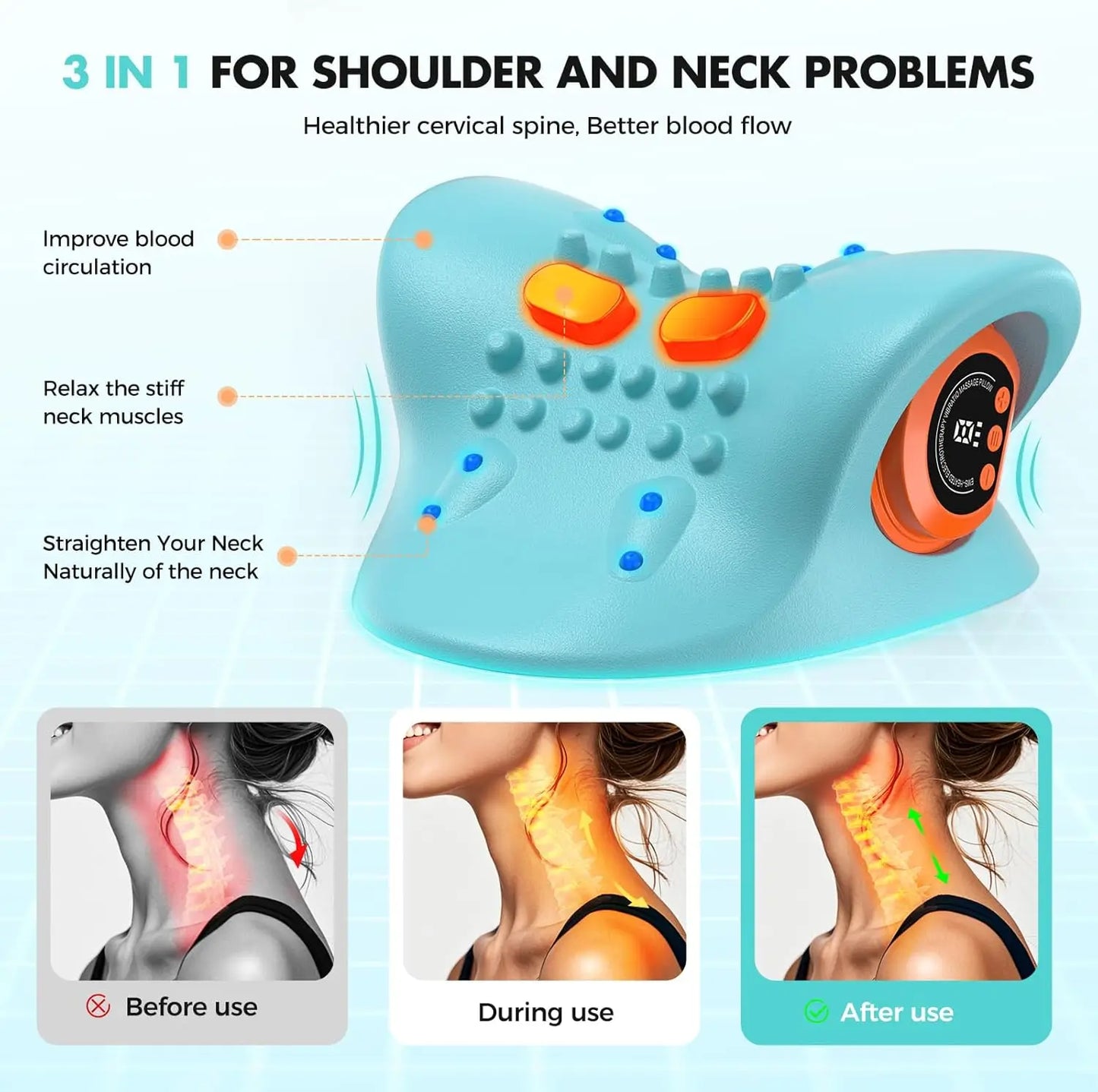 Rechargeable Portable Neck Massager Pillow 3in1 Shiatsu Heat Vibration