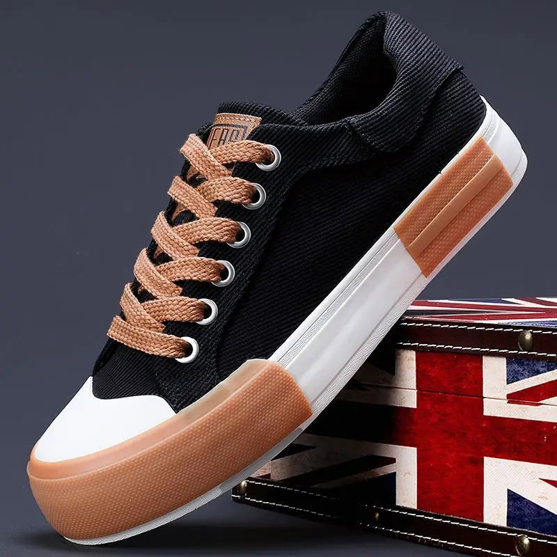 Mens Breathable Leather Canvas Lace Up Vulcanized Sneakers