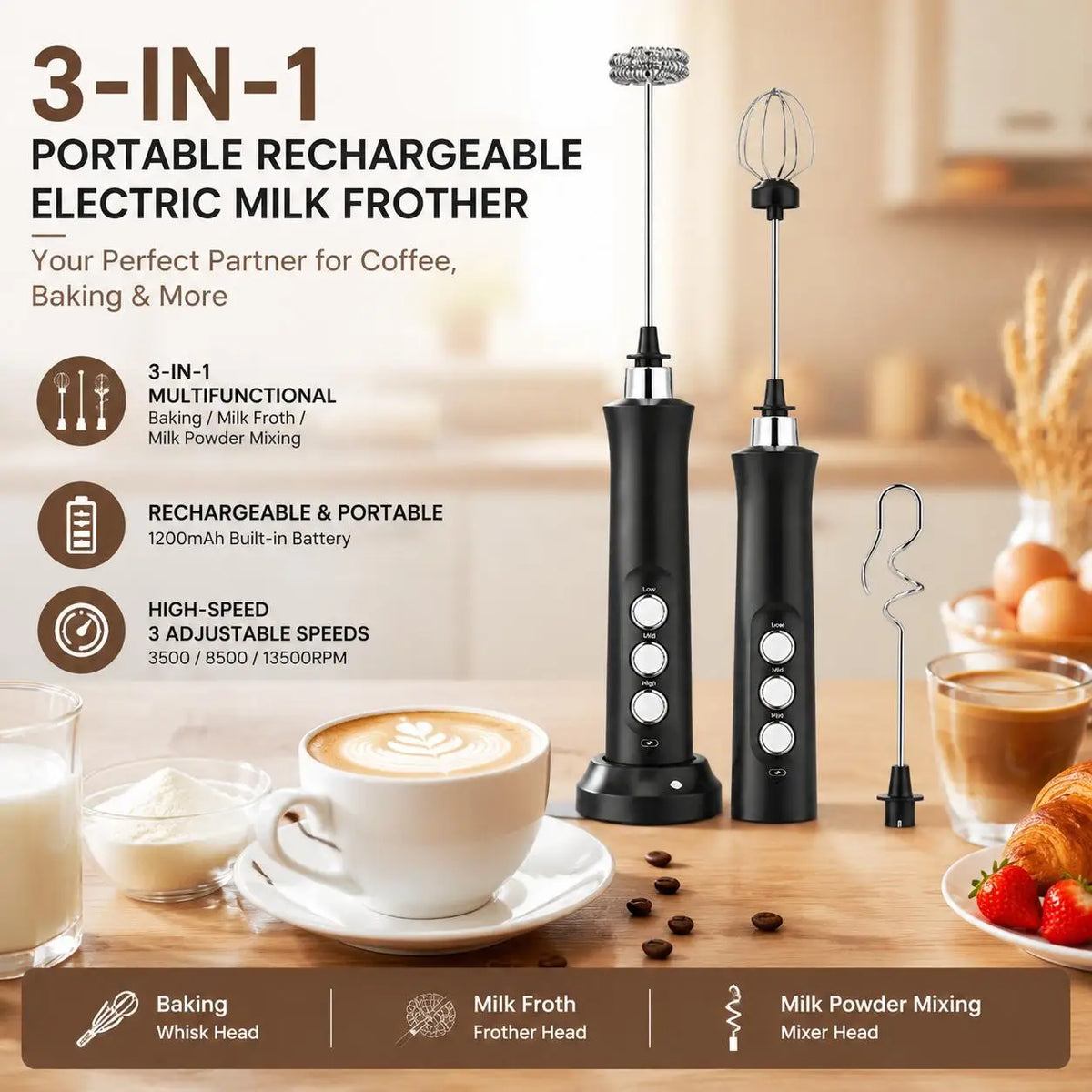 Stonego Cordless Rechargeable Milk Frother With Three Speed Whisk