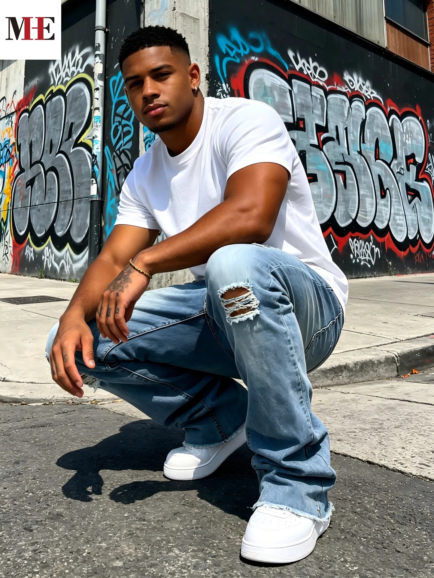 HME Men's Flared Jeans With Distressed Details And Frayed Hem