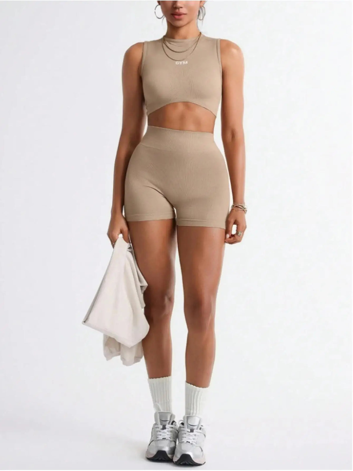 Seamless Womens Two Piece Workout Set Crop Tank Biker Shorts