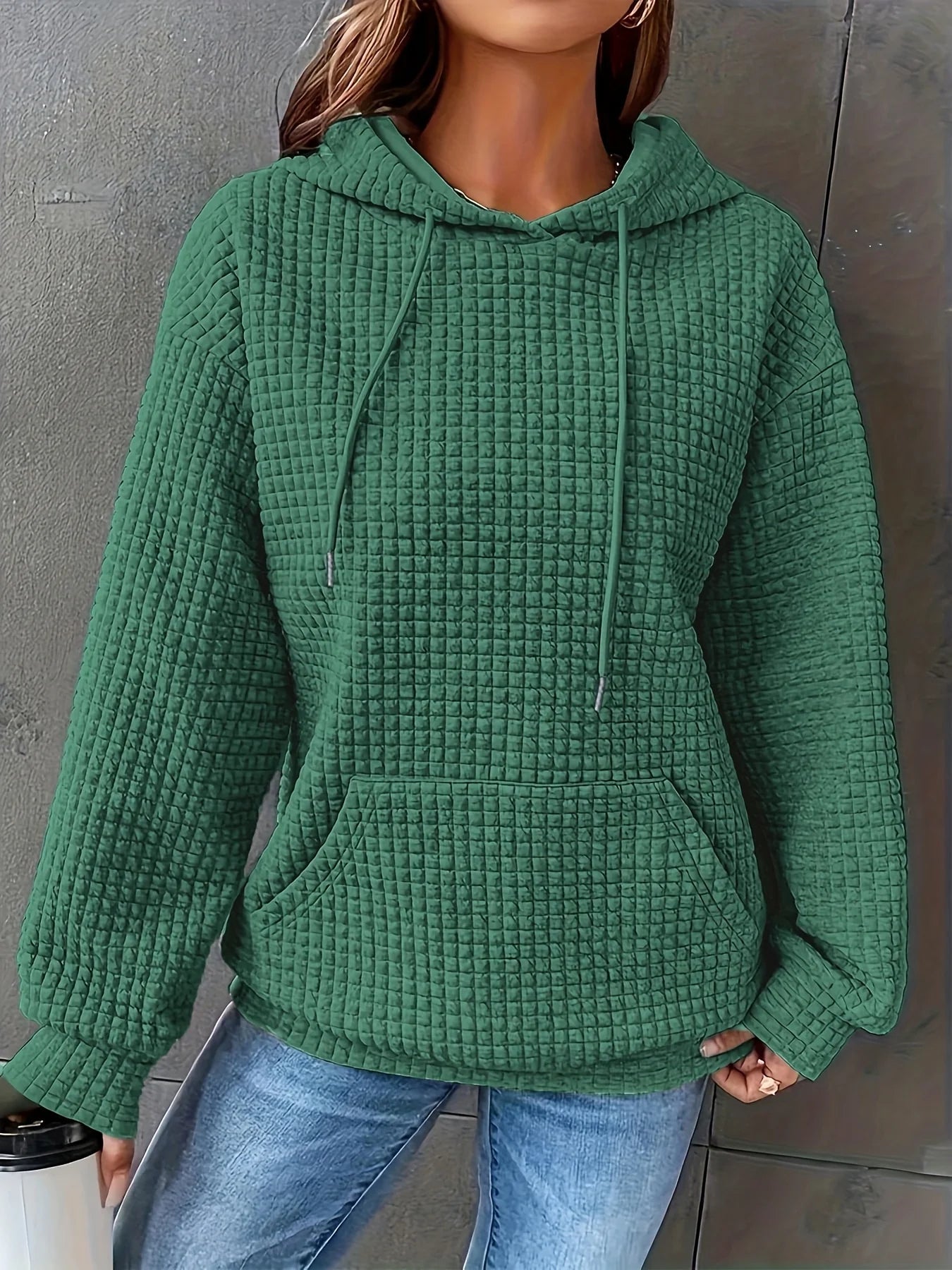 Women Waffle Knit Hoodie Long Sleeve Pullover Sweatshirt Kangaroo Pocket