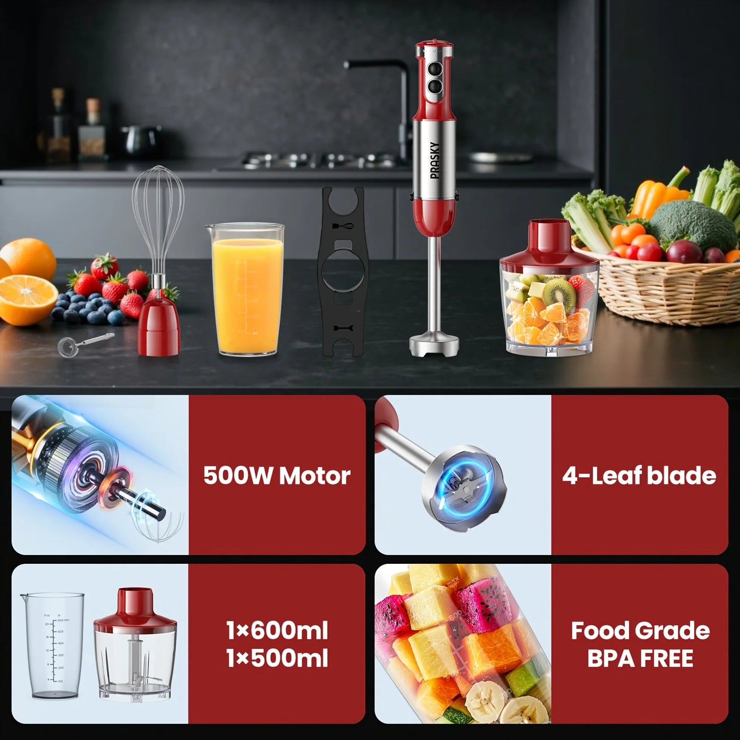 Prasky Multifunctional Handheld Immersion Blender With Whisk And Chopper