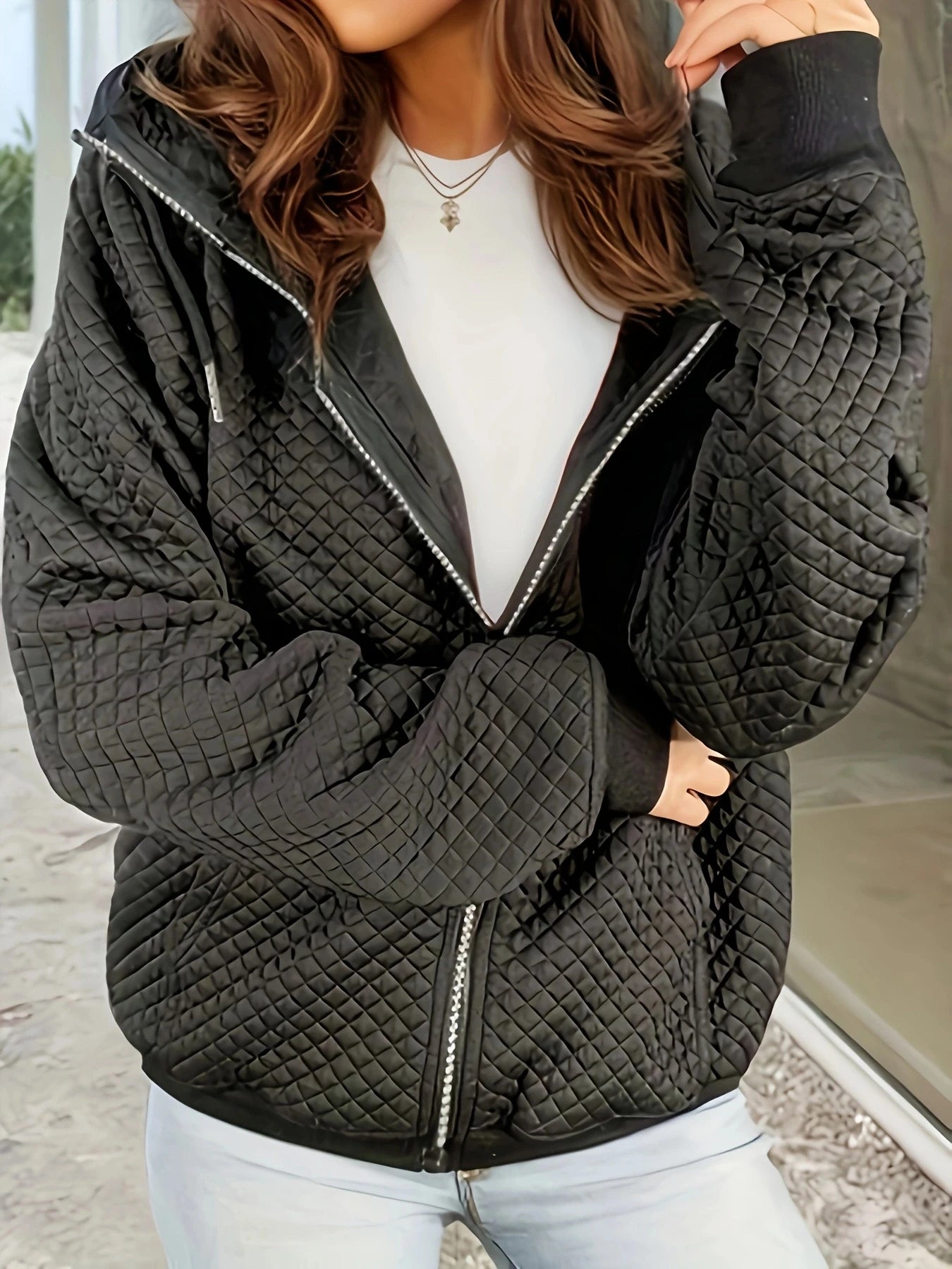 Stylish Quilted Zip Up Jacket Featuring Stand Collar With Pockets