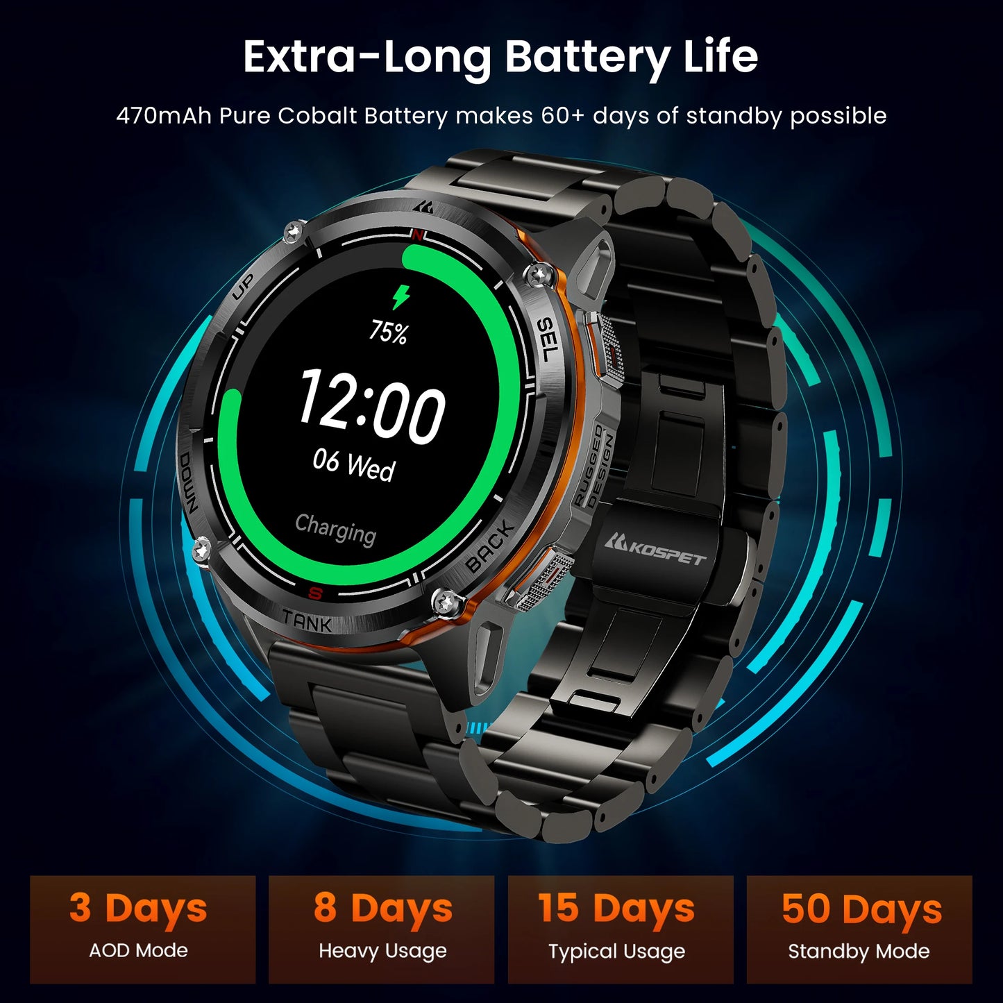 KOSPET Tank T3 Ultra 2 GPS Smartwatch Altimeter Barometer AMOLED