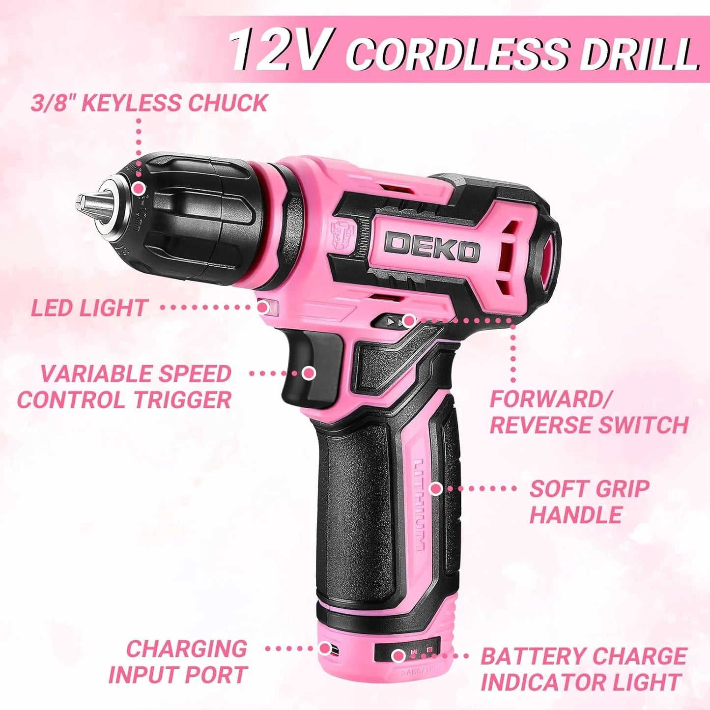 DeKo 12V Cordless Drill Home Mechanic Toolbox Set