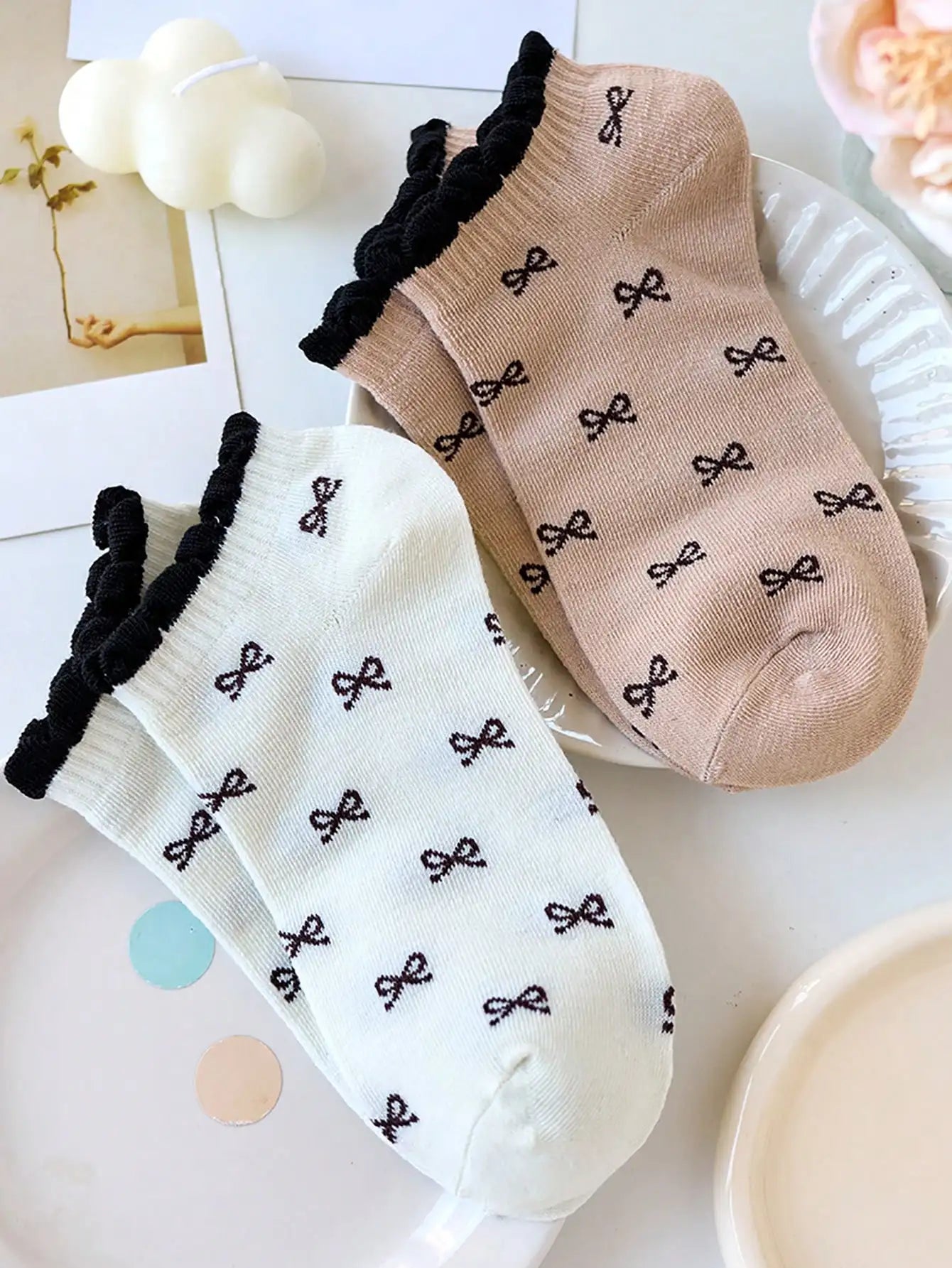 Womens Fashionable Mid Calf Socks With Elegant Floral Bow Designs