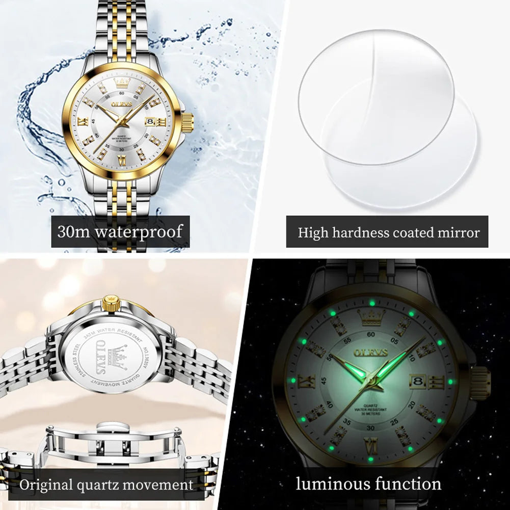 OLEVS Womens Luxury Diamond Quartz Watch With Calendar Waterproof