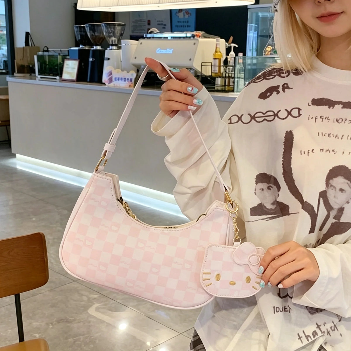 Mesuca Checkerboard PU Leather Shoulder Bag With Cartoon Pendant