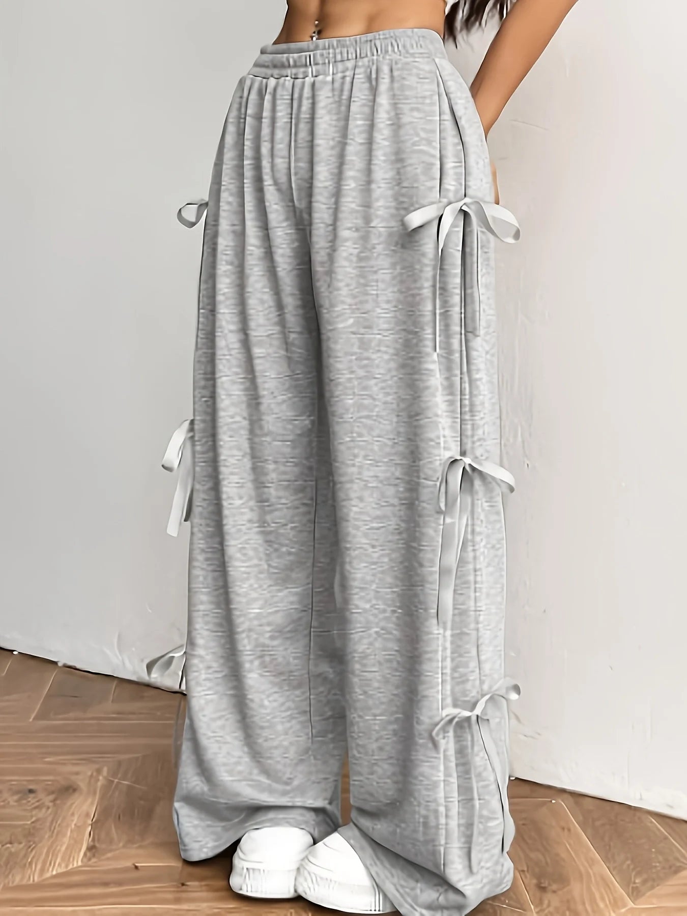 Women Casual Wide Leg Pants Featuring Bow Tie Detail