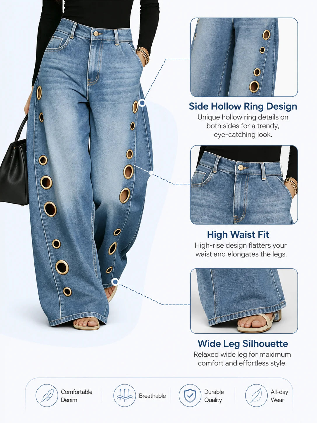 Women High Waist Wide Leg Denim Jeans With Side Eyelet Cutouts