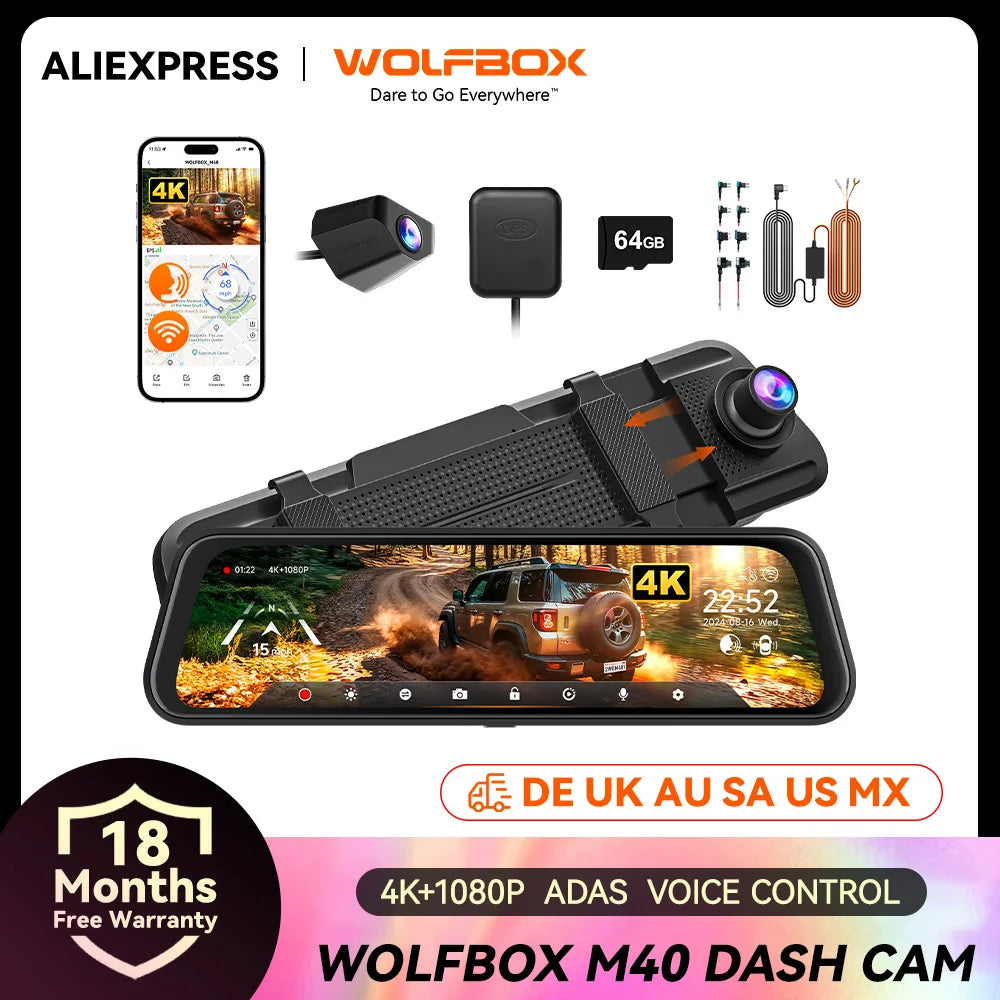 WOLFBOX M40 Dash Cam 4K 1080P With Voice Control ADAS