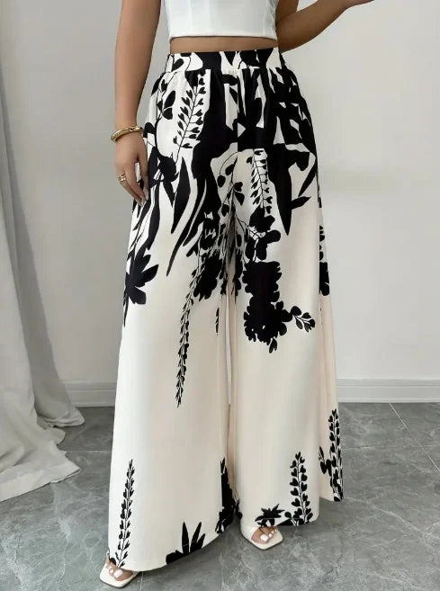 Women Floral Print Wide Leg Palazzo Pants With Elastic Waist