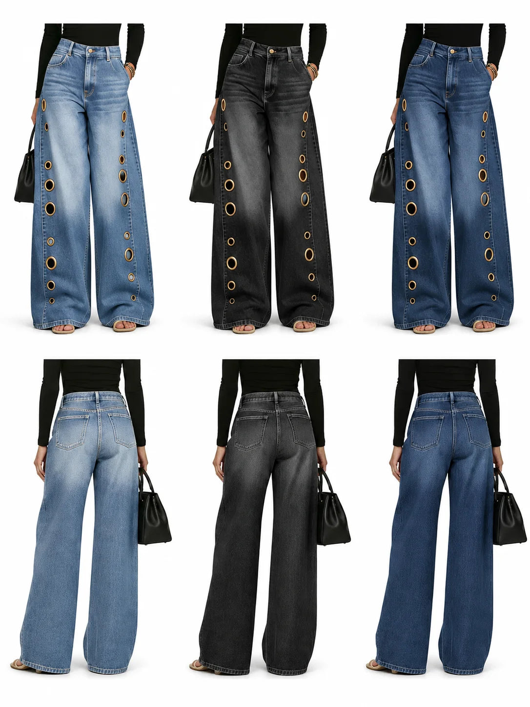 Women High Waist Wide Leg Denim Jeans With Side Eyelet Cutouts