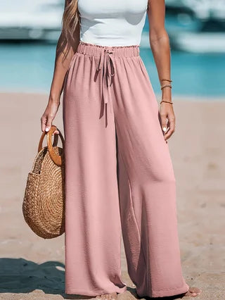 Womens Casual Wide Leg Pants Featuring Elastic Waist And Pockets