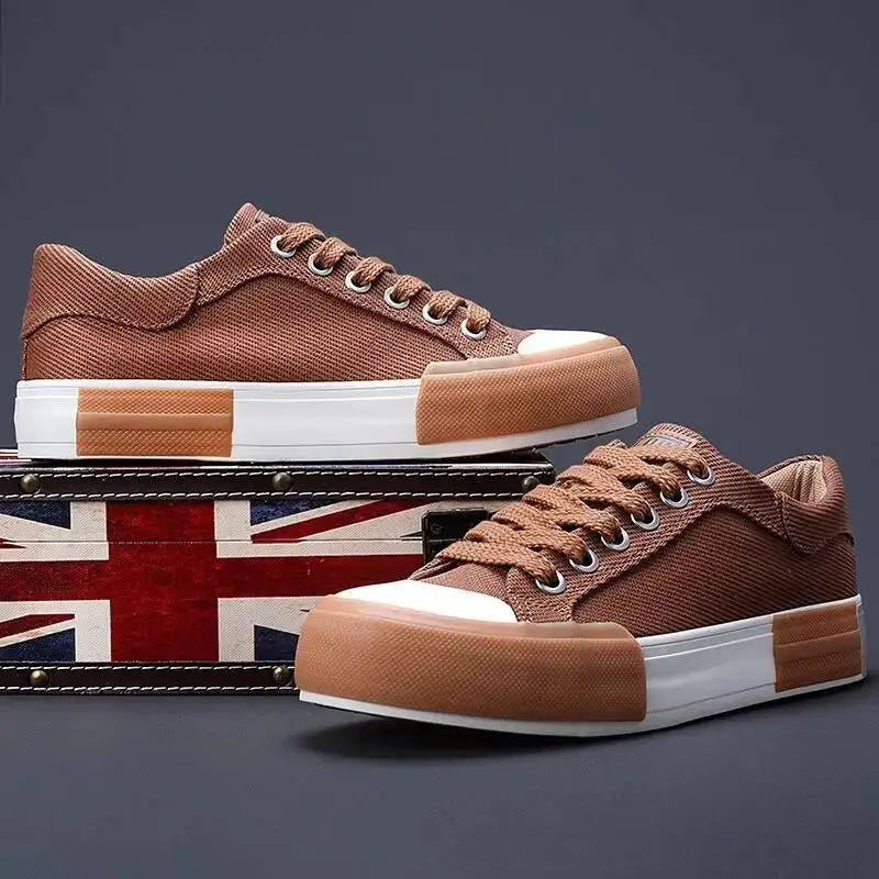 Mens Breathable Leather Canvas Lace Up Vulcanized Sneakers