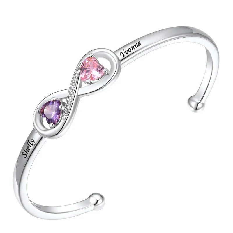 Customized Heart Birthstone Open Cuff Bracelet With Name Engraving