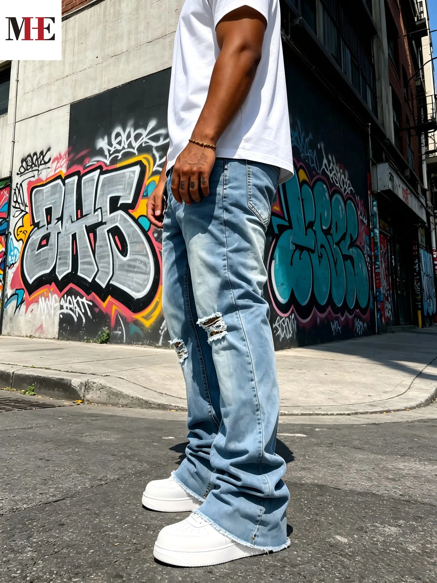 HME Men's Flared Jeans With Distressed Details And Frayed Hem