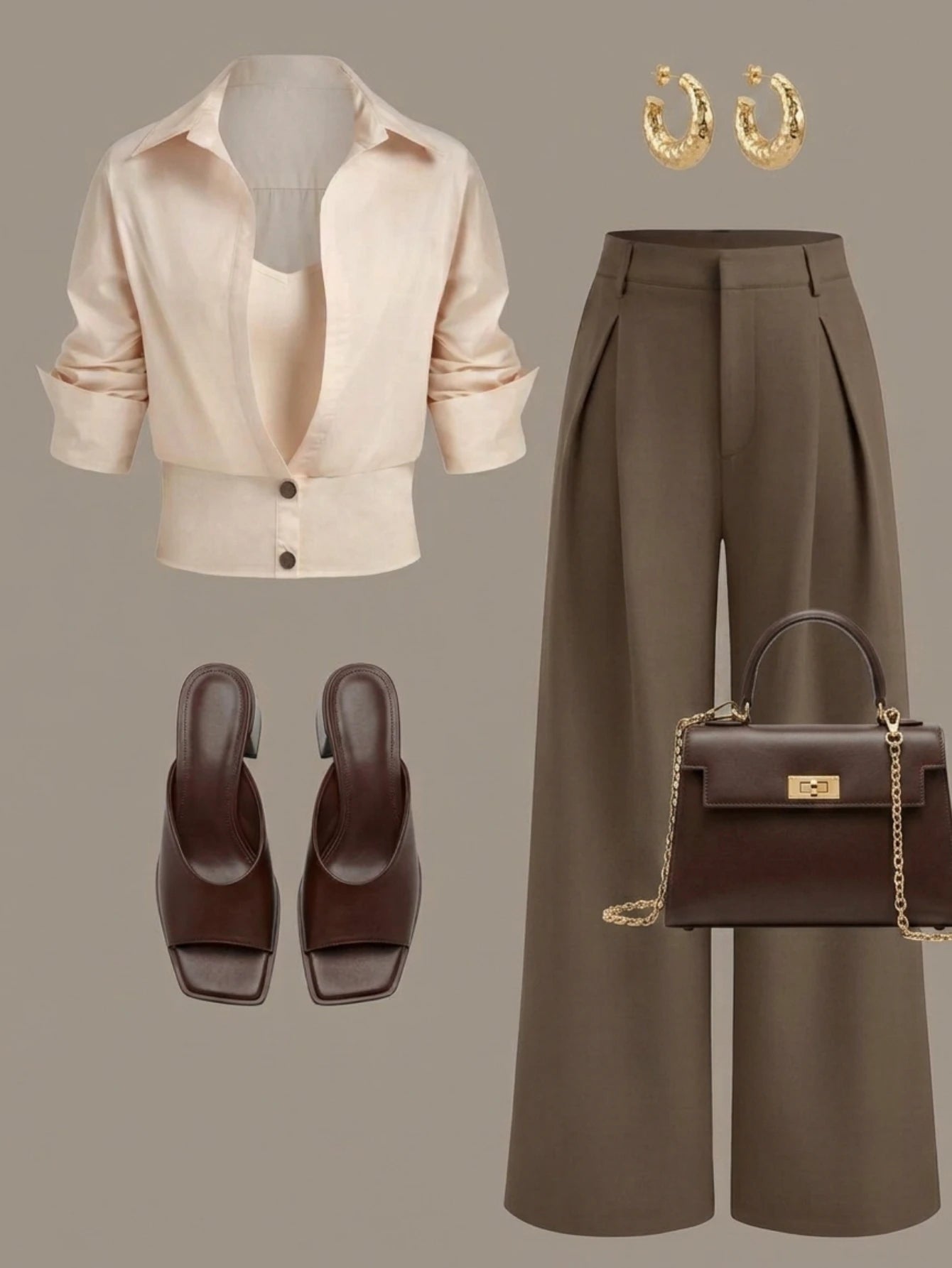 Women Lapel Button Crop Shirt and Wide Leg Trousers Outfit