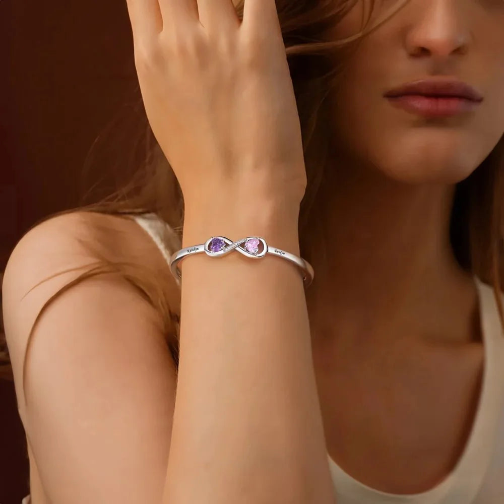 Customized Heart Birthstone Open Cuff Bracelet With Name Engraving