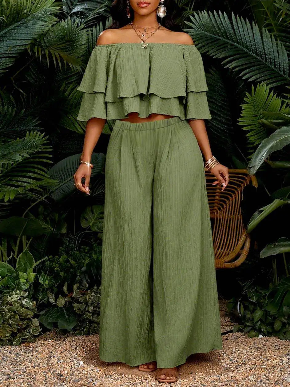 Women's Off Shoulder Ruffle Crop Top With Wide Leg Pants