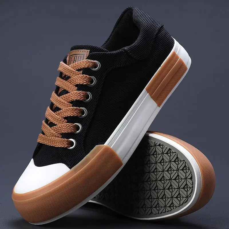 Mens Breathable Leather Canvas Lace Up Vulcanized Sneakers