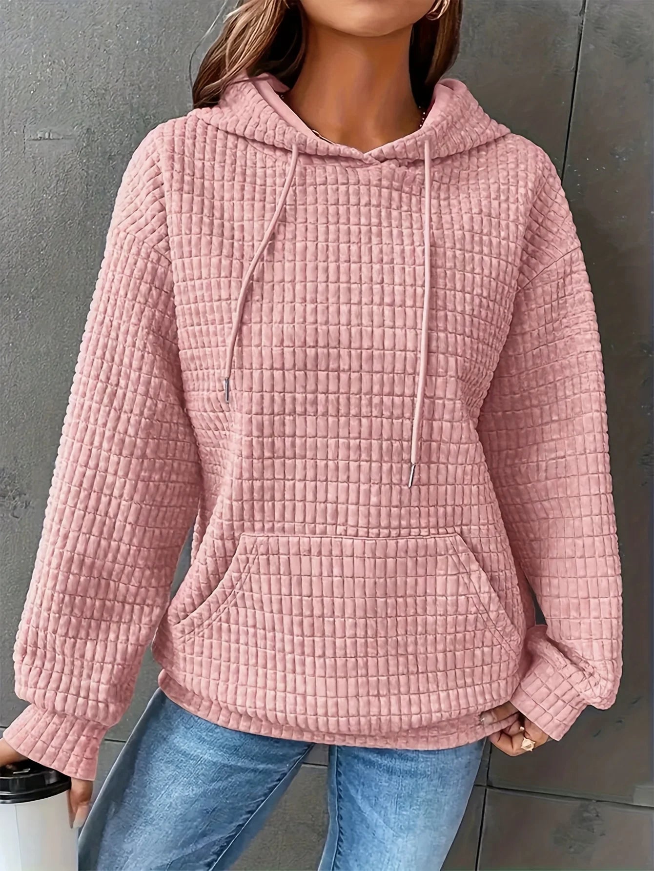 Women Waffle Knit Hoodie Long Sleeve Pullover Sweatshirt Kangaroo Pocket