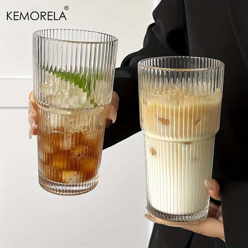 KEMORELA Striped Glass Coffee Cup With Lid For Iced Drinks
