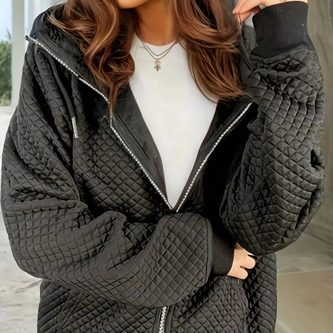 Stylish Quilted Zip Up Jacket Featuring Stand Collar With Pockets