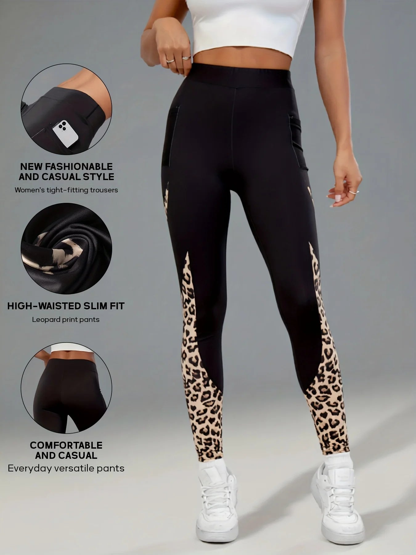 Womens High Waist Leopard Print Leggings With Side Pockets