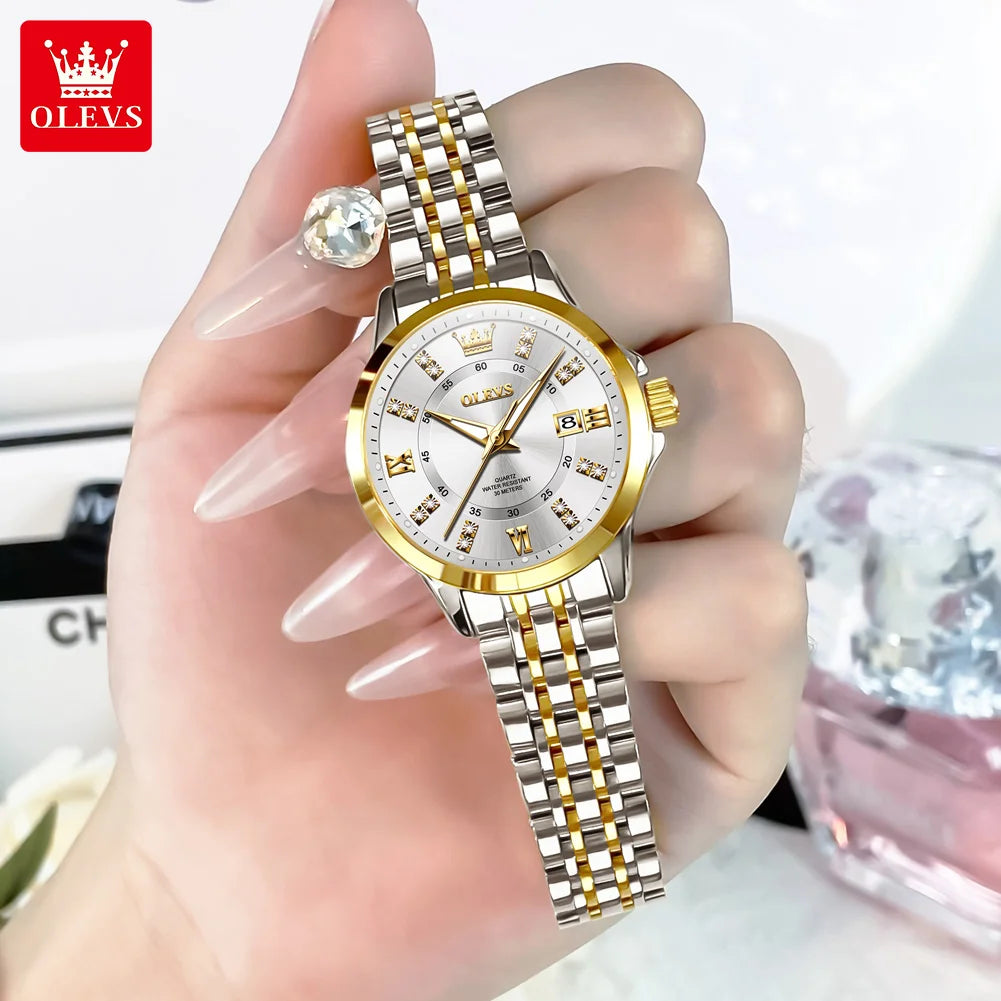 OLEVS Womens Luxury Diamond Quartz Watch With Calendar Waterproof