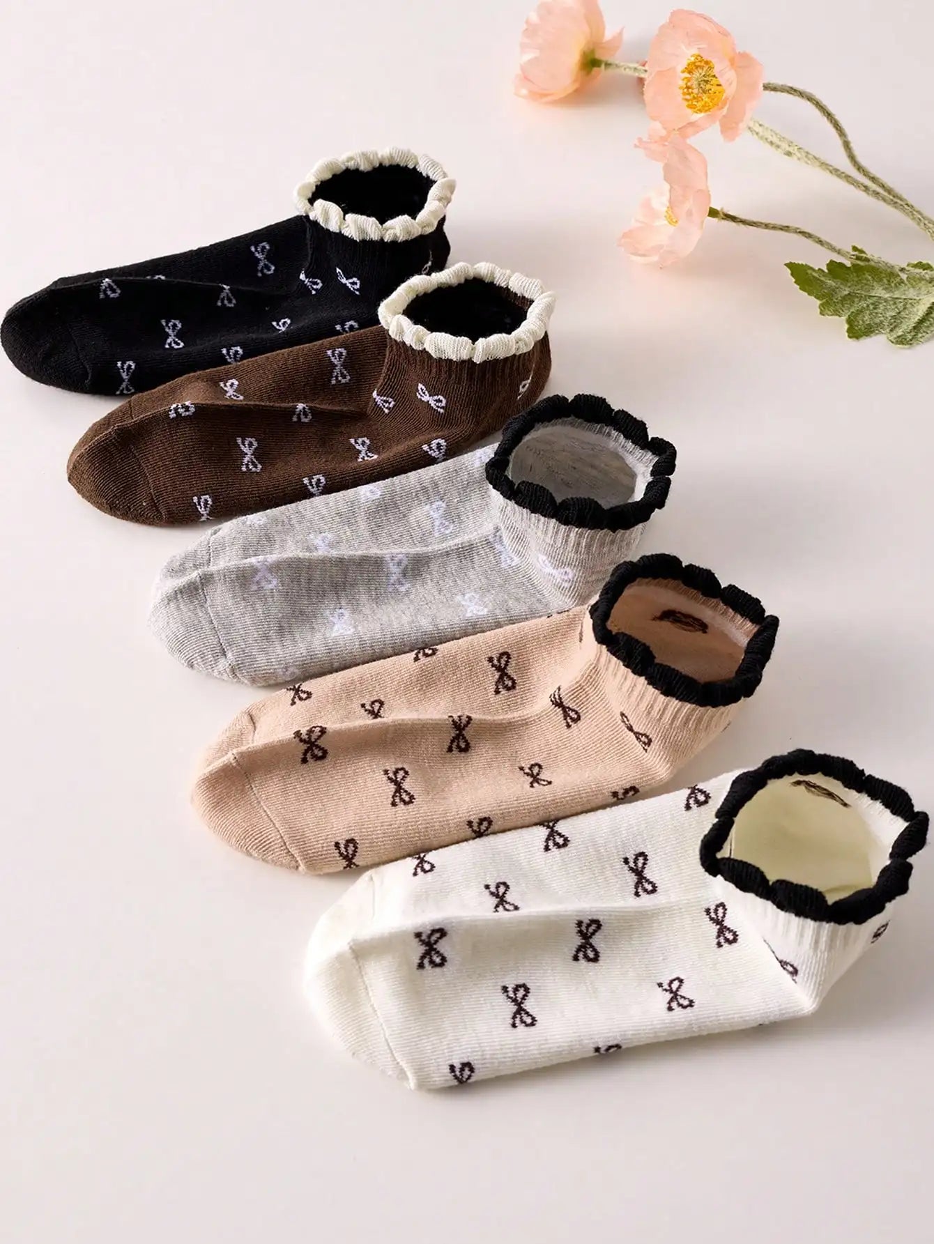 Womens Fashionable Mid Calf Socks With Elegant Floral Bow Designs