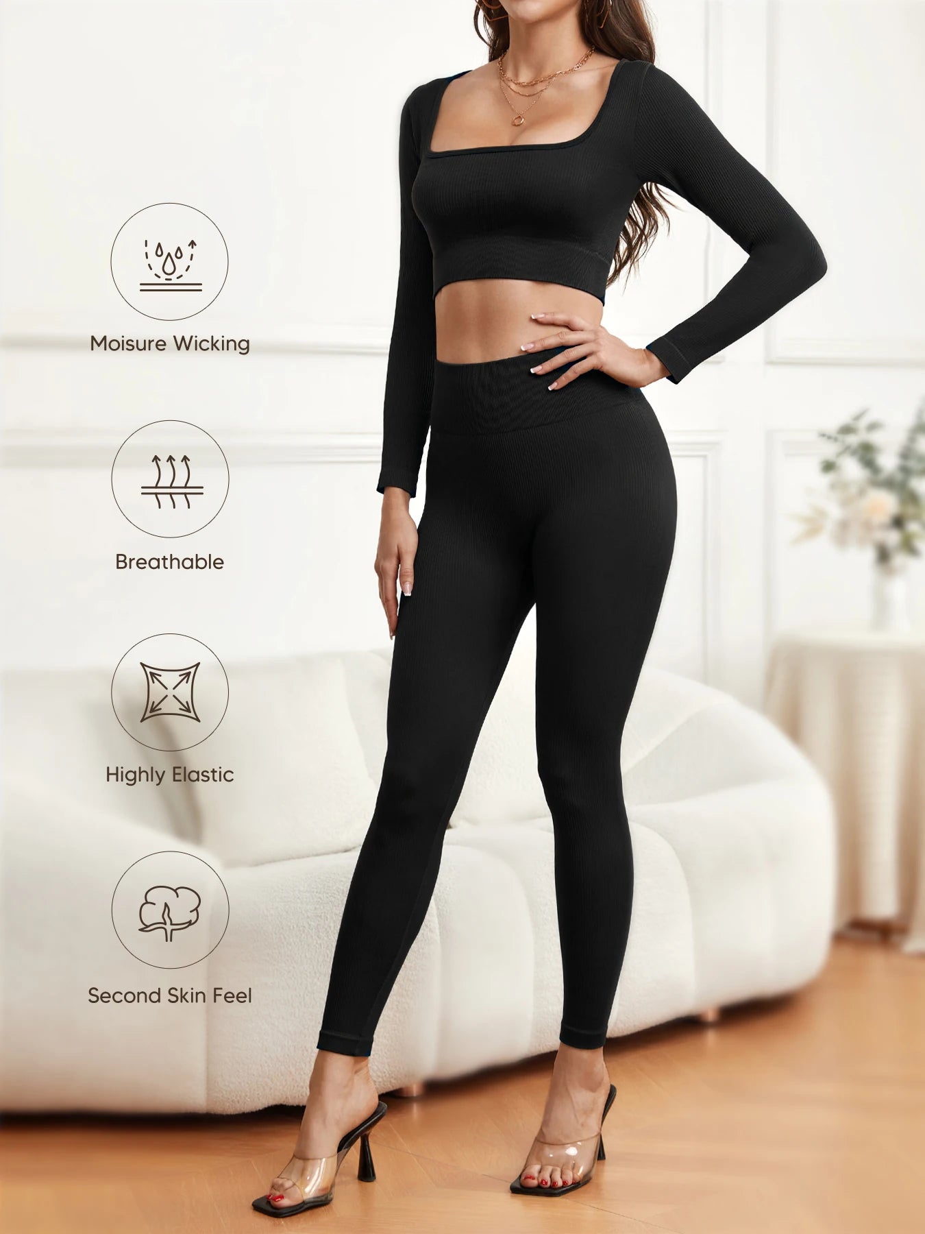 Women 2 Piece Long Sleeve Yoga Outfit High Waist Leggings